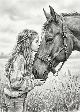 Girl kissing a horse in a field
