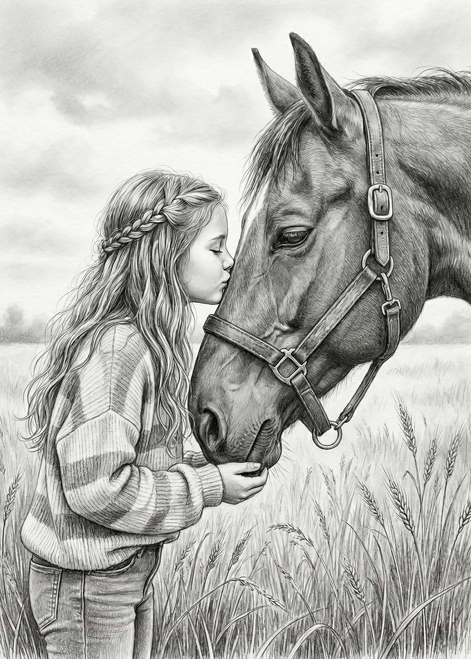 Girl kissing a horse in a field