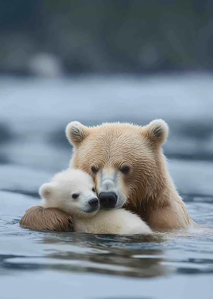 Mother Bear Hugs Cub in Water