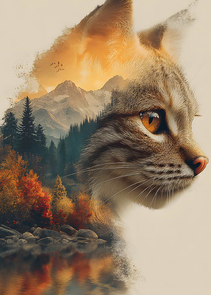 Cat Mountain Landscape Overlay Double Exposure