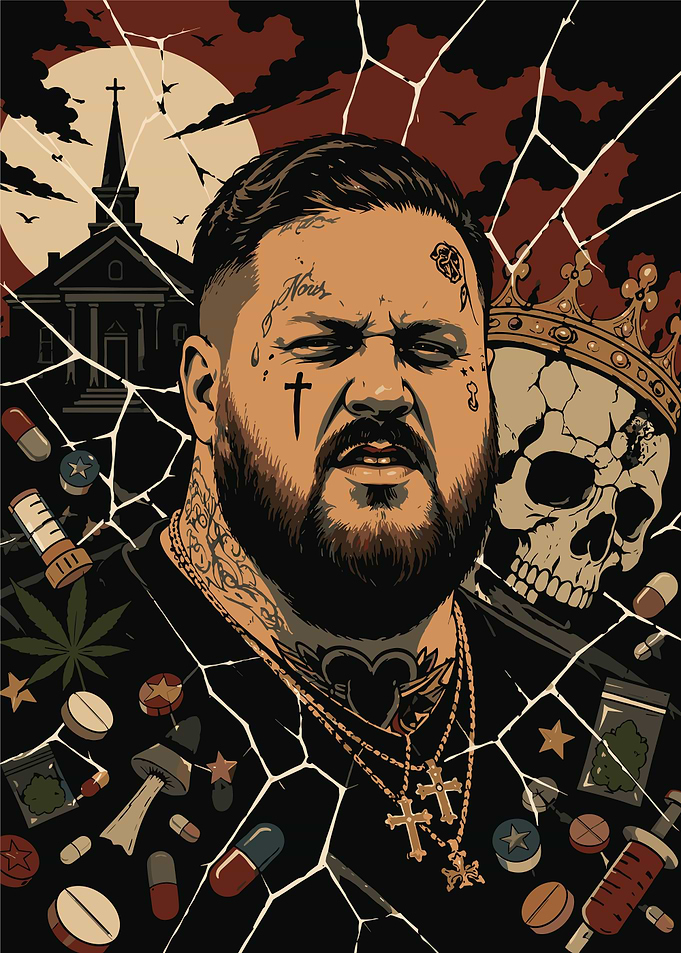 Man with Tattoos and Skull Crown
