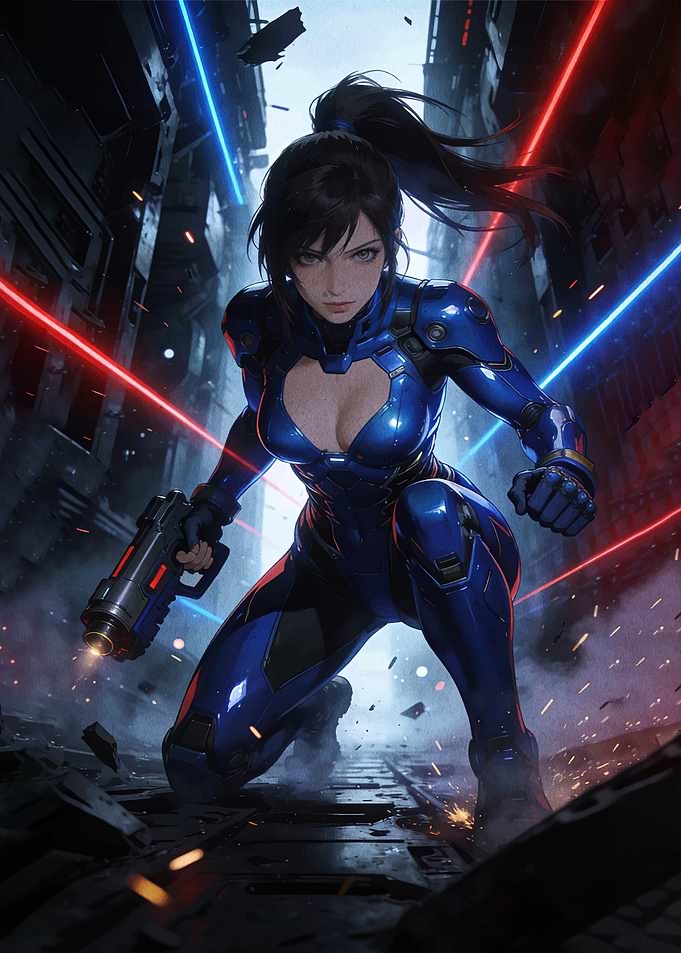 Sci-fi warrior in blue suit