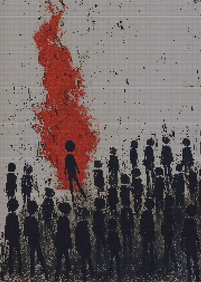 Silhouette figures watching a fiery explosion