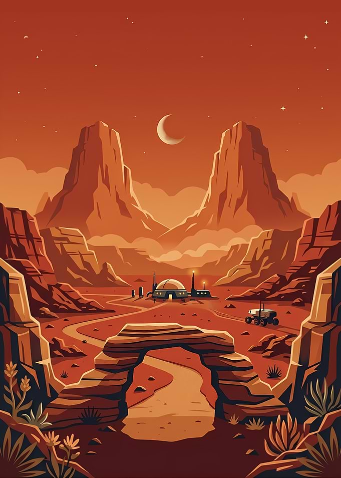 Martian landscape with rover and base