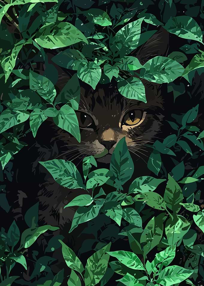 Cat peeking through green leaves