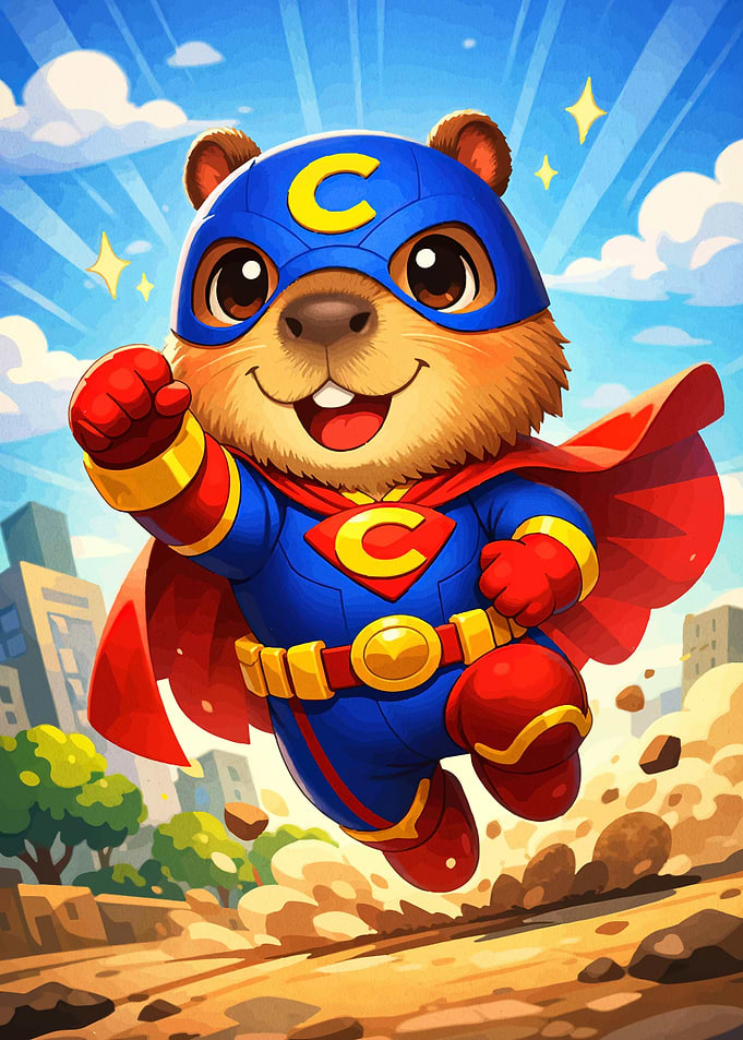 Superhero Beaver Flying Over City