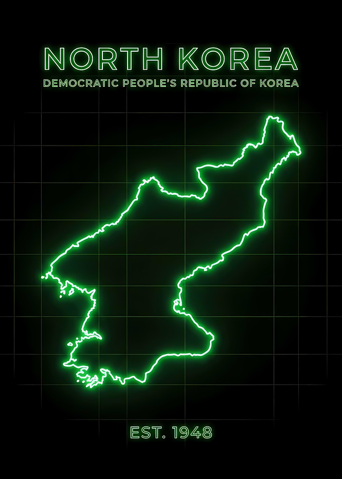 Neon North Korea Map Radar Style Retro Futuristic With 'EST. '1948'