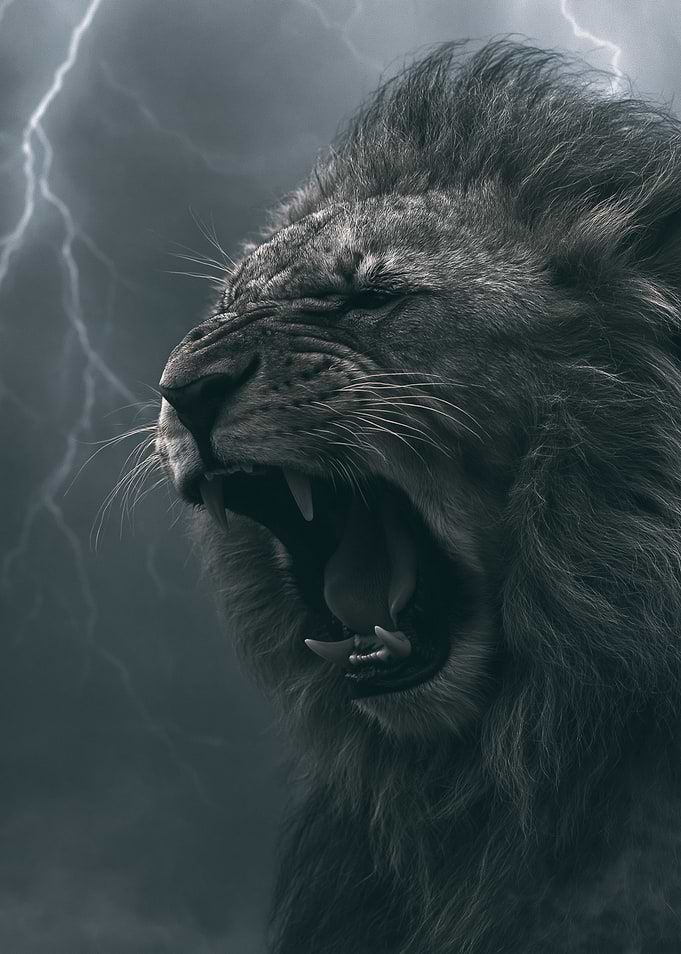 Lion Roaring in Lightning Storm