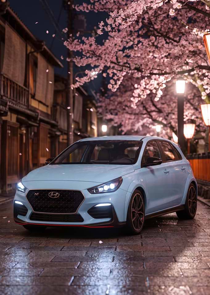Blue Hyundai i30 N in Kyoto Cherryblossom