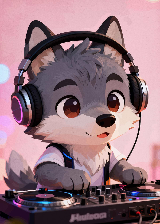 Cute Wolf DJ with Headphones