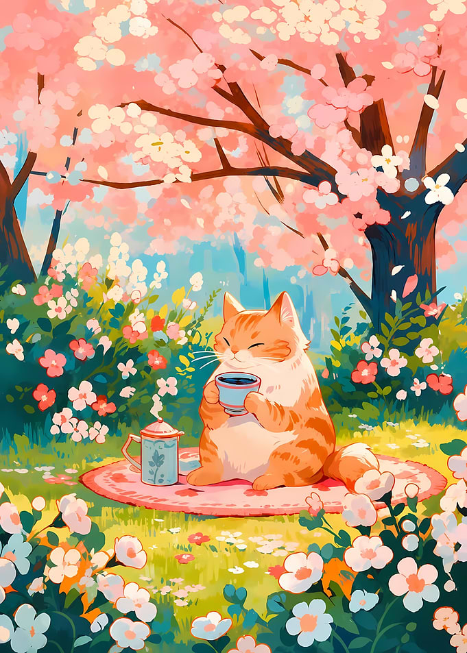 Cat enjoying tea under cherry blossoms