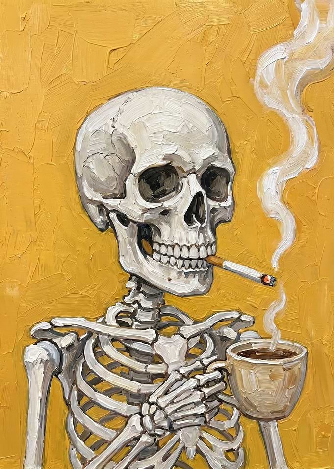 Skeleton Smoking and Drinking Coffee
