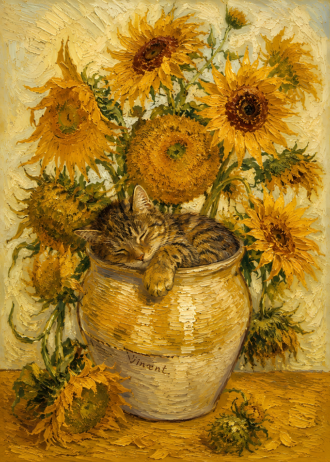 Sleeping Kitten in Sunflowers
