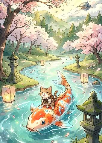 Cat Riding Koi Fish in Cherry Blossom Stream