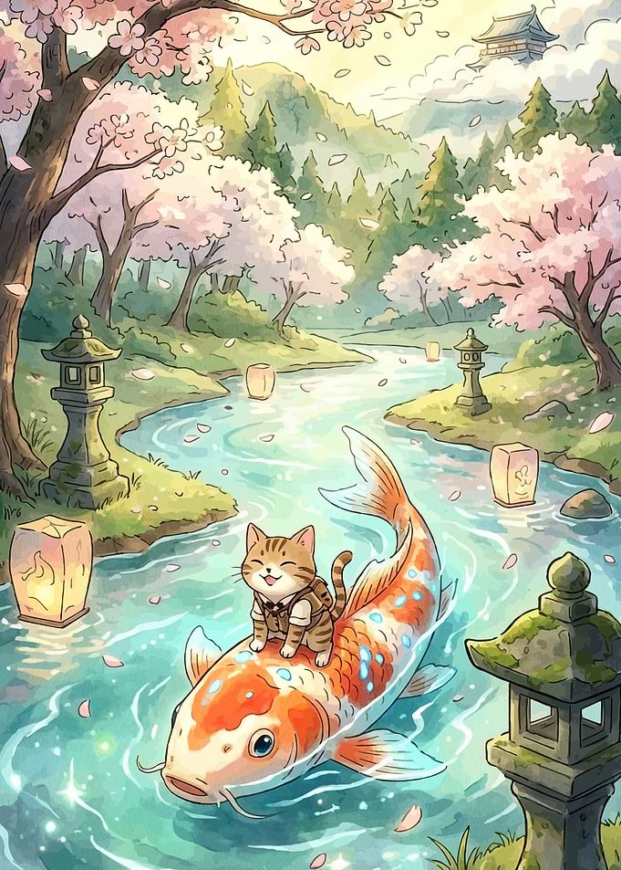 Cat Riding Koi Fish in Cherry Blossom Stream