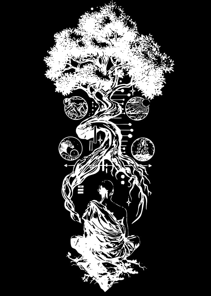 Meditating Monk Under a Cosmic Tree