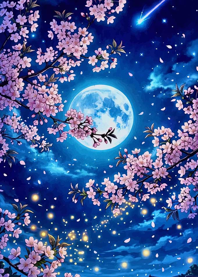 Cherry Blossoms Under a Full Moon