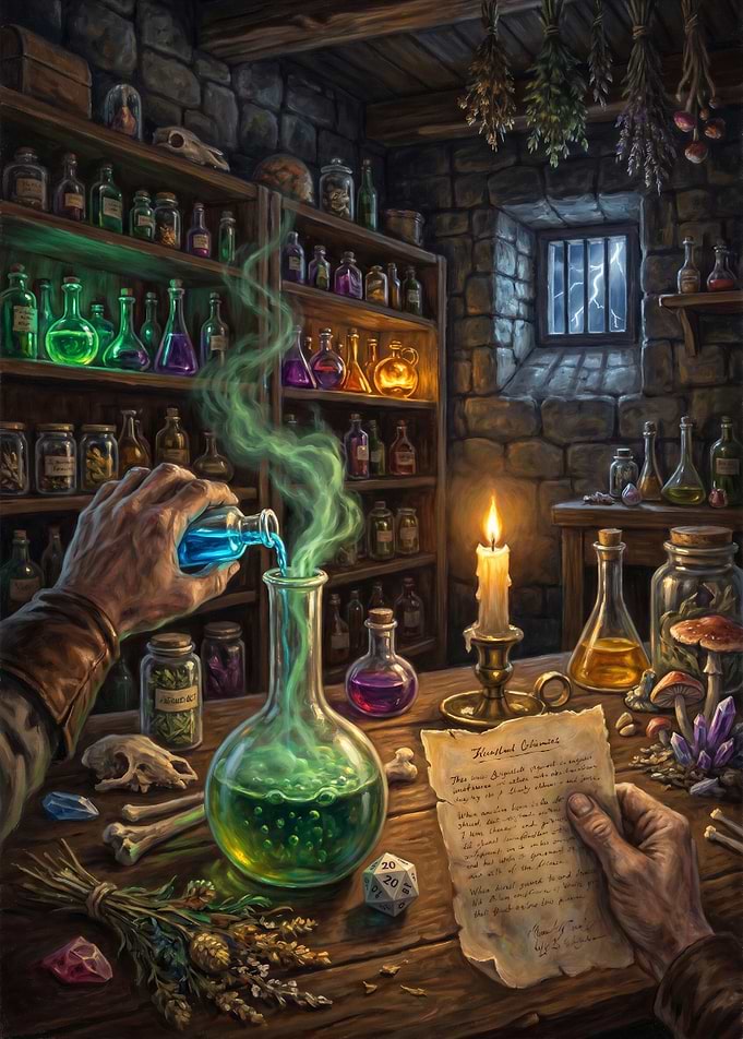 Alchemist's laboratory with bubbling potions