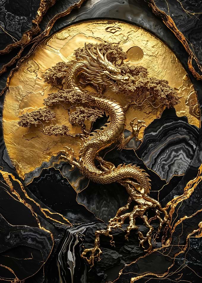 Golden Dragon Bonsai Tree Art fantasy