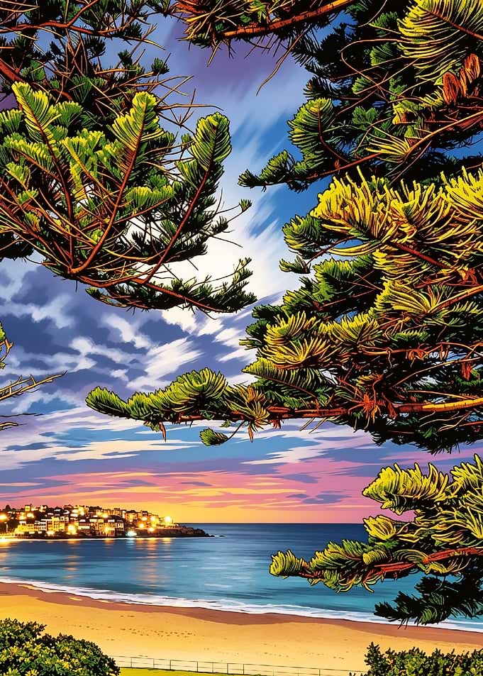 Coastal Sunset Through Pine Branches