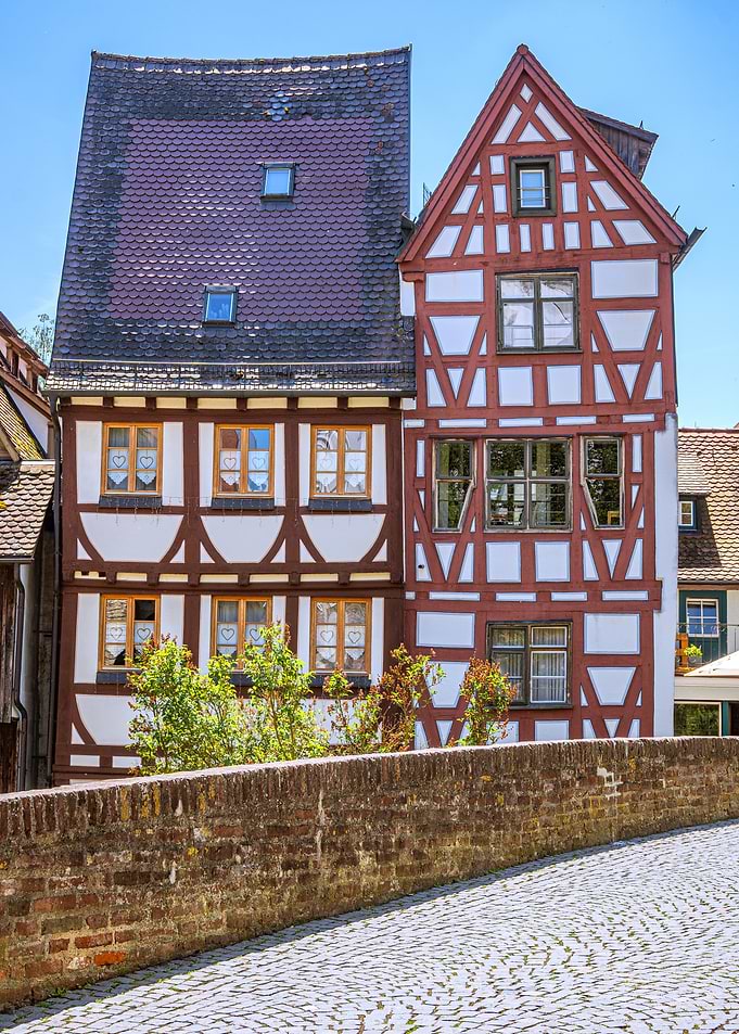 Half-timbered houses and cobblestone street