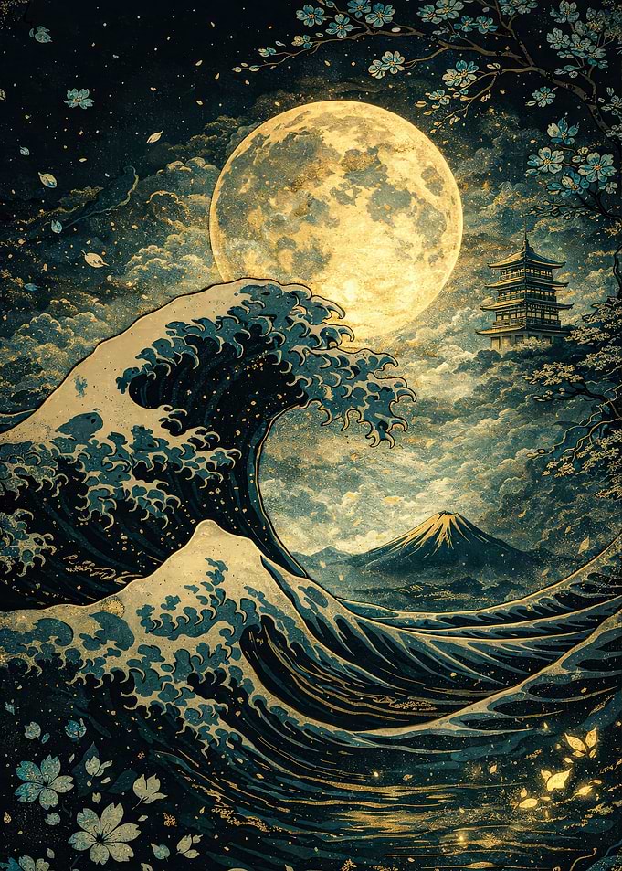 Great Wave with Moon and Pagoda