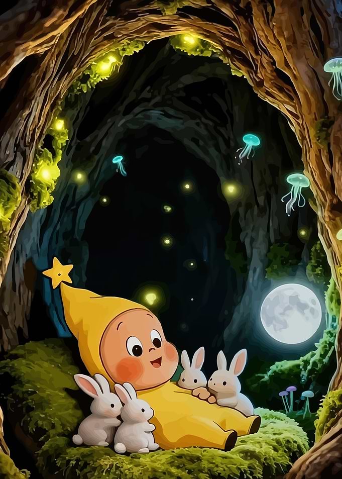Baby in yellow outfit with bunnies in a magical cave