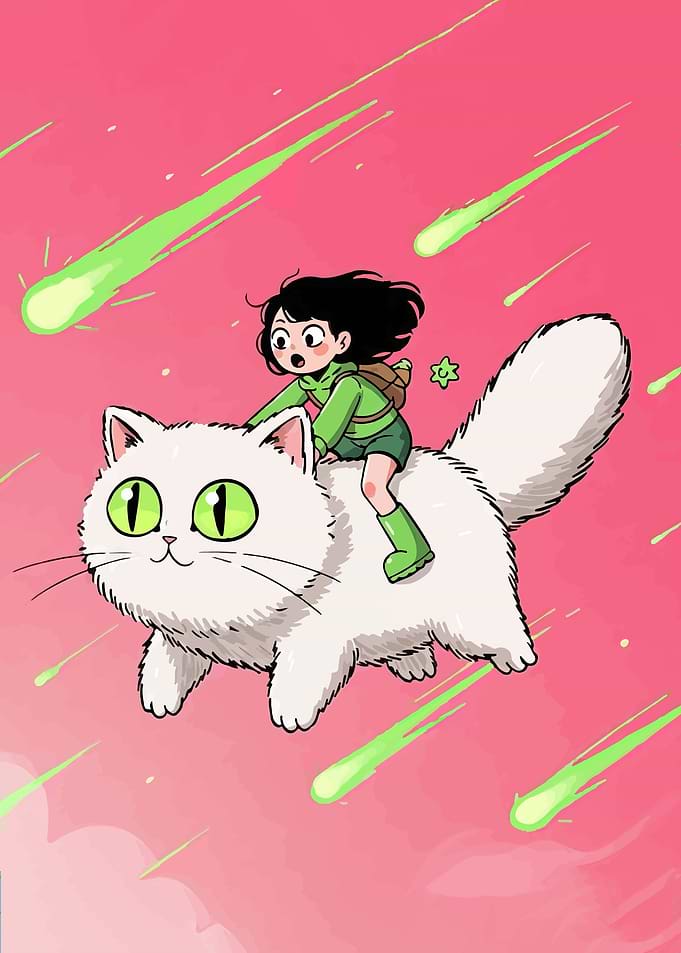 Girl Riding a Cat Through Meteor Shower