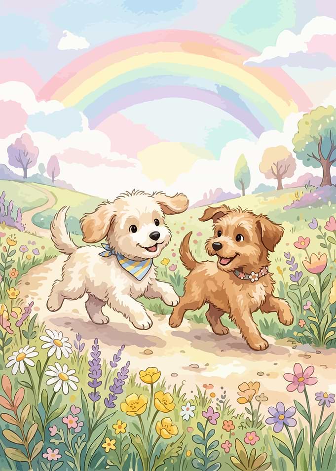 Two puppies in a field with a rainbow