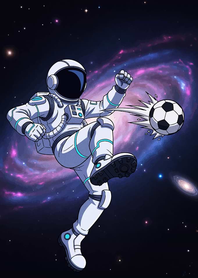 Astronaut playing soccer in space