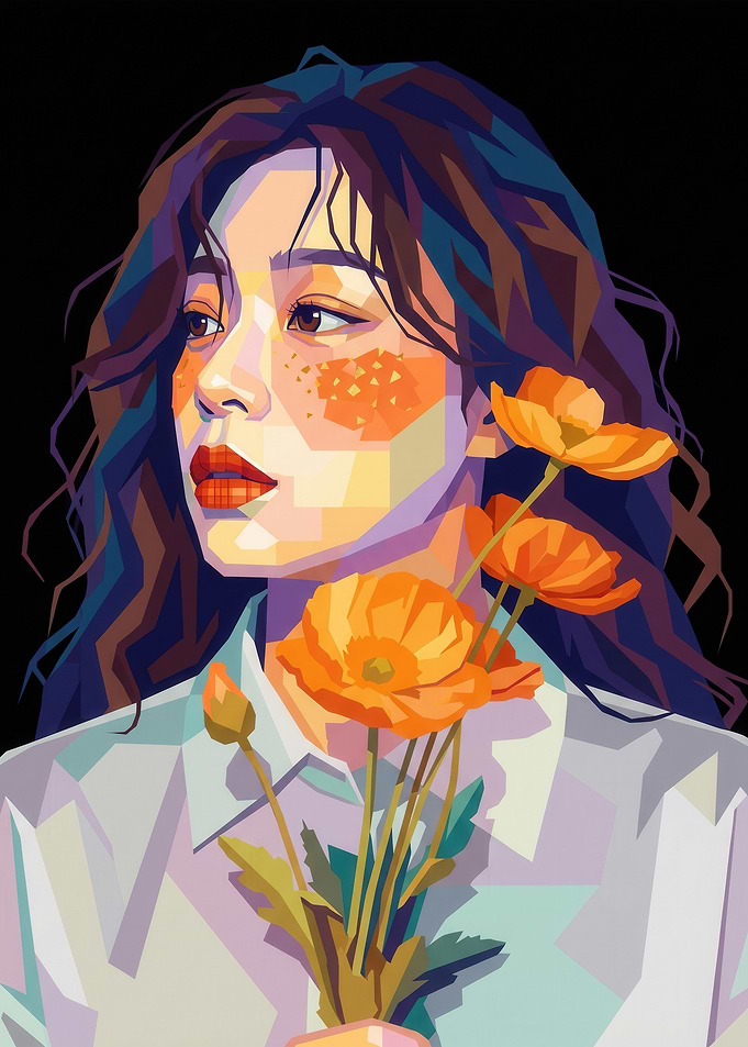 Geometric Portrait of a Woman with Poppies