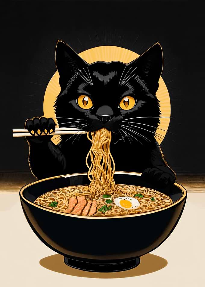 Black Cat Eating Ramen