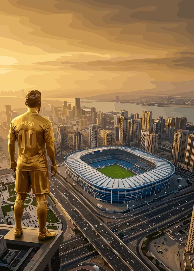 Golden Messi statue overlooking stadium and city
