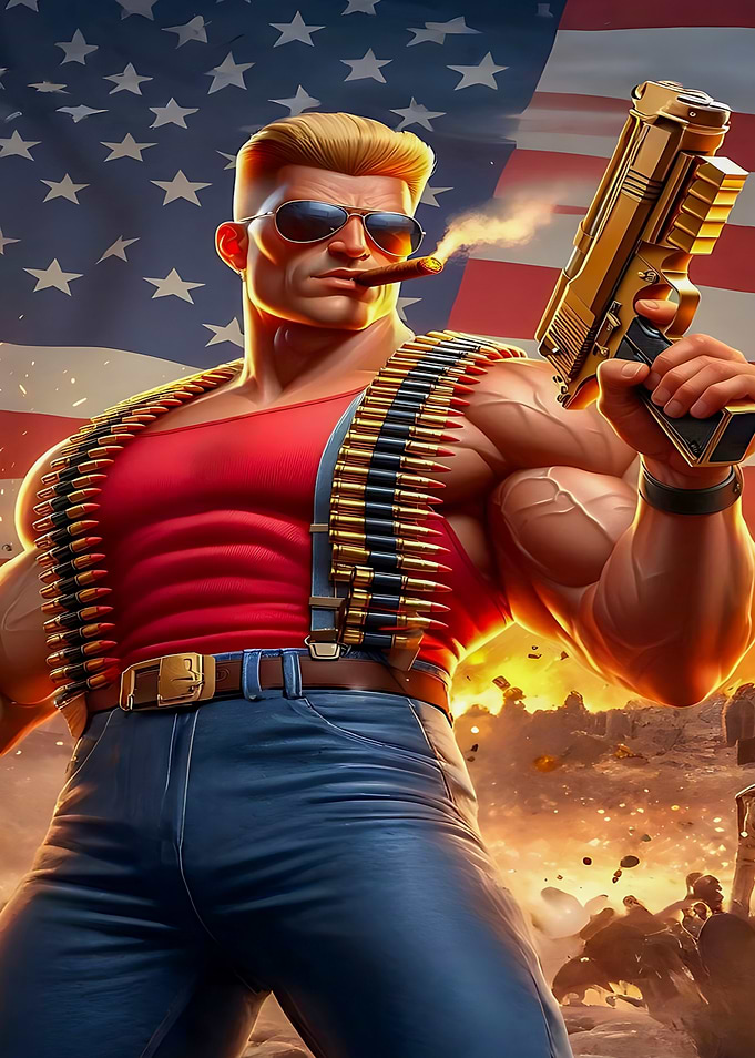 Duke Nukem with American Flag and Gun