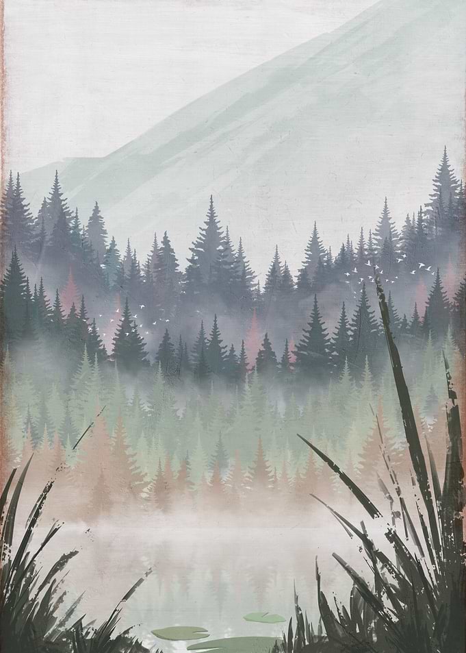Misty Forest Lake Landscape Painting