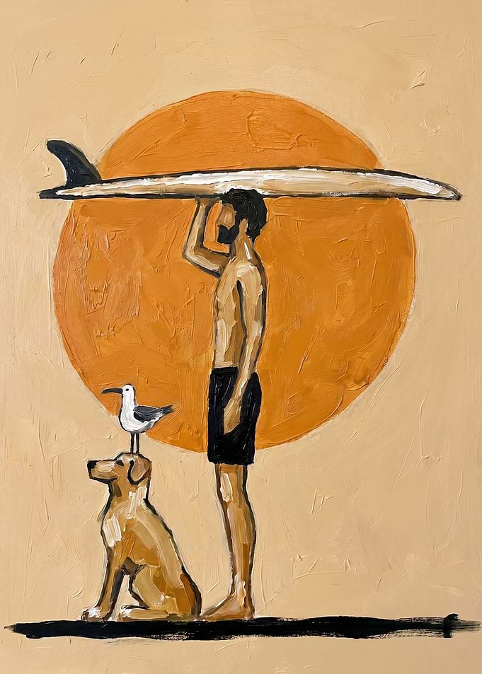 Surfer with Dog and Seagull at Sunset