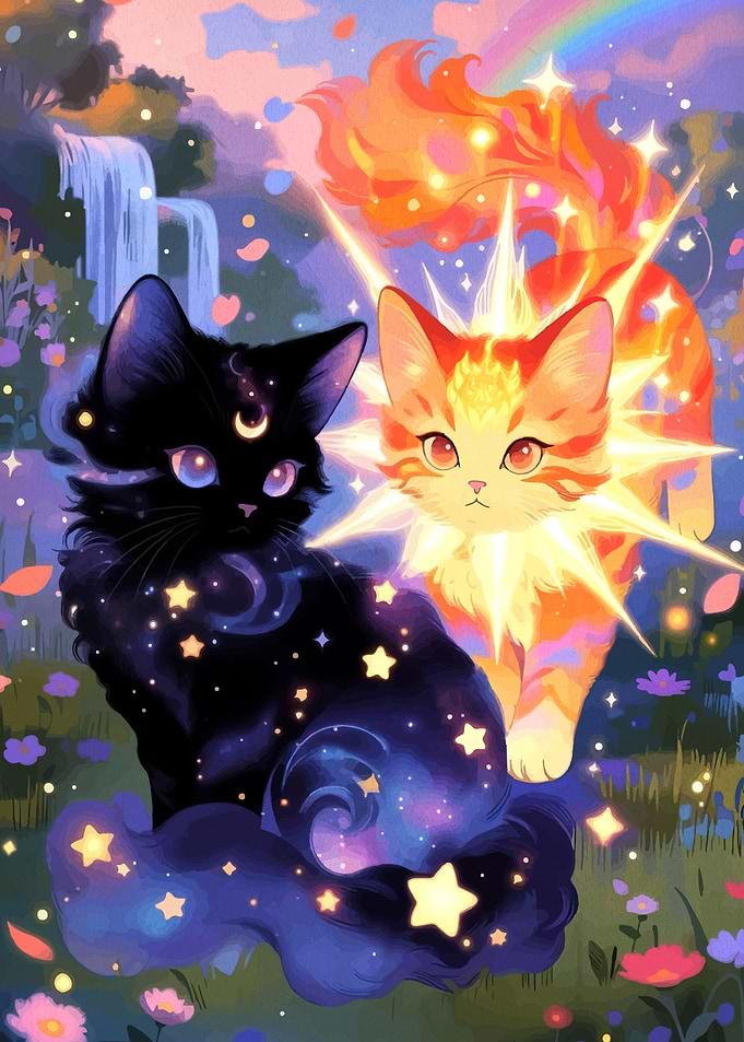 Celestial Cats in Enchanted Garden