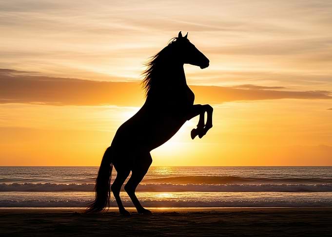 Horse Rearing at Sunset on Beach