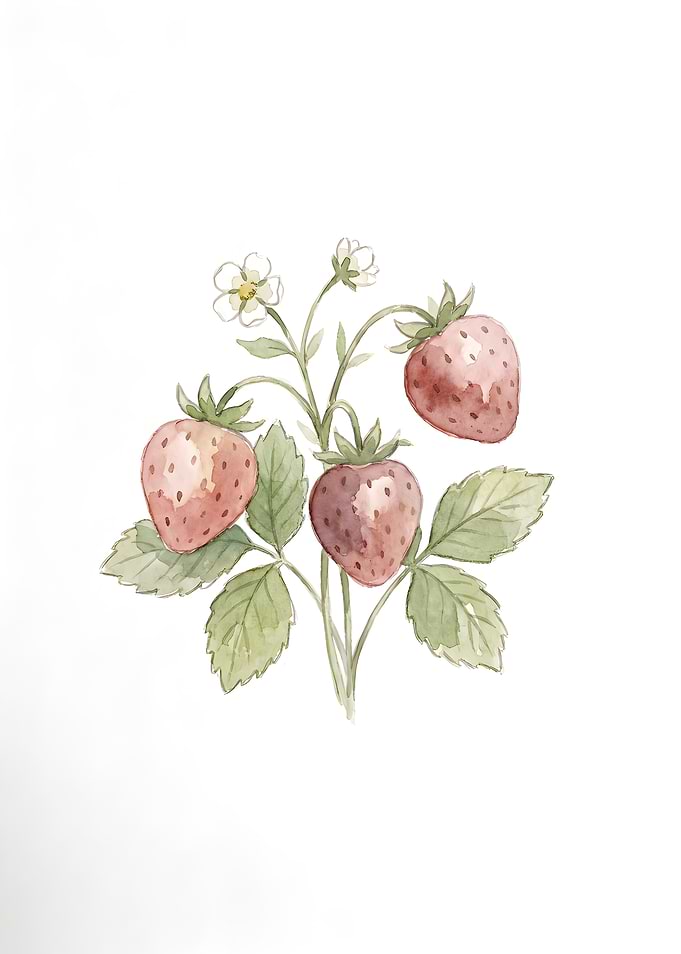 Watercolor Strawberry Plant with Flowers