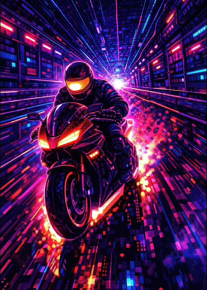 Cyberpunk Motorcycle Rider in Neon Tunnel