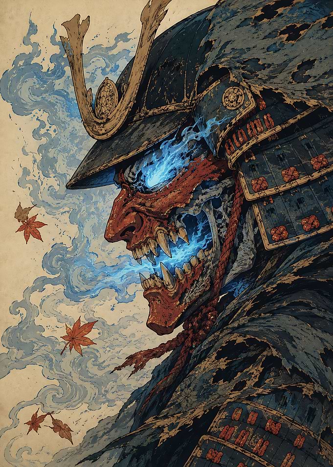 Blue Fire Ghost Samurai Oni - Vintage Japanese Ukiyo-e