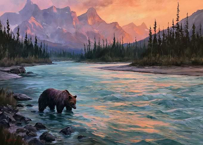 Bear in a Mountain River at Sunset