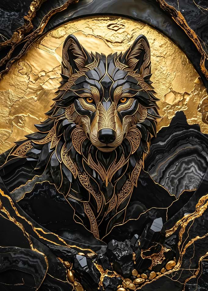 fantasy Ornate Wolf Head with Gold and Black Marble