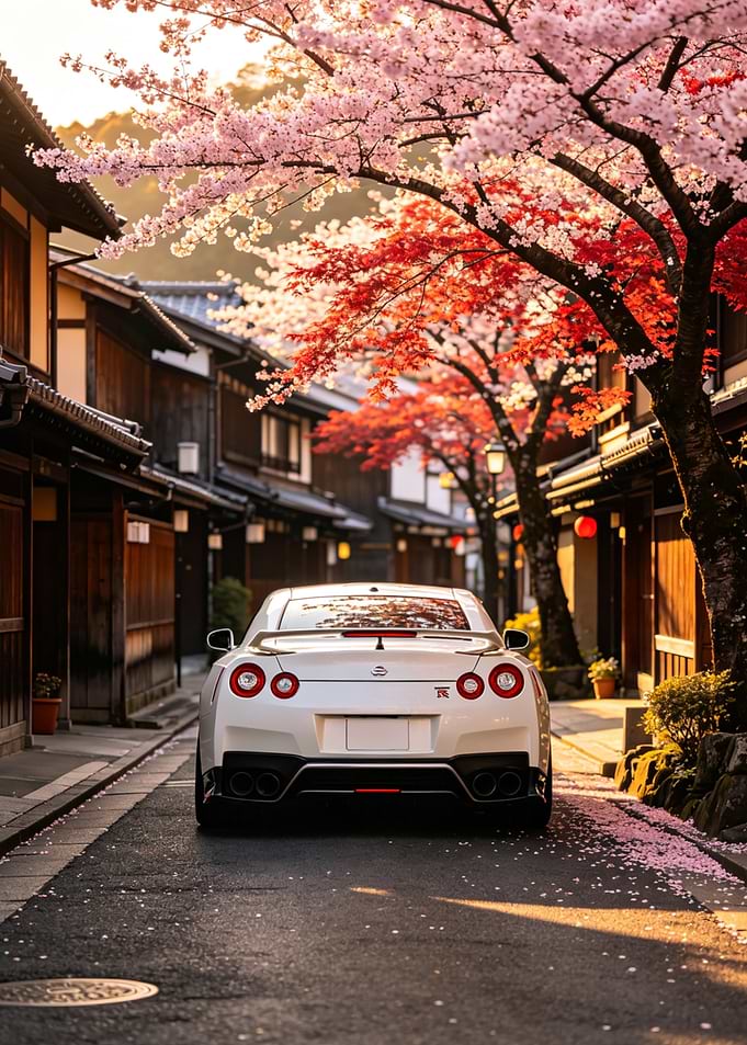 White Nissan GT-R in Cherry Blossom Lane
