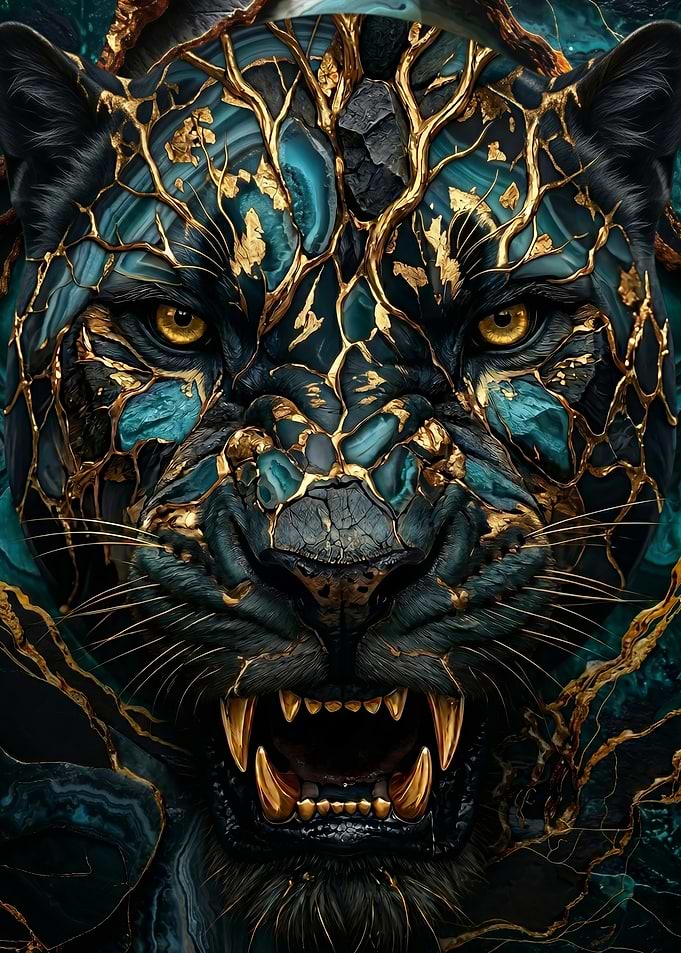 fantasy Majestic Black Panther with Gold and Teal Accents