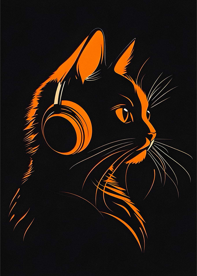 Black Cat with Orange Headphones