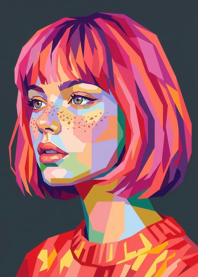 Geometric Portrait of a Woman with Pink Hair
