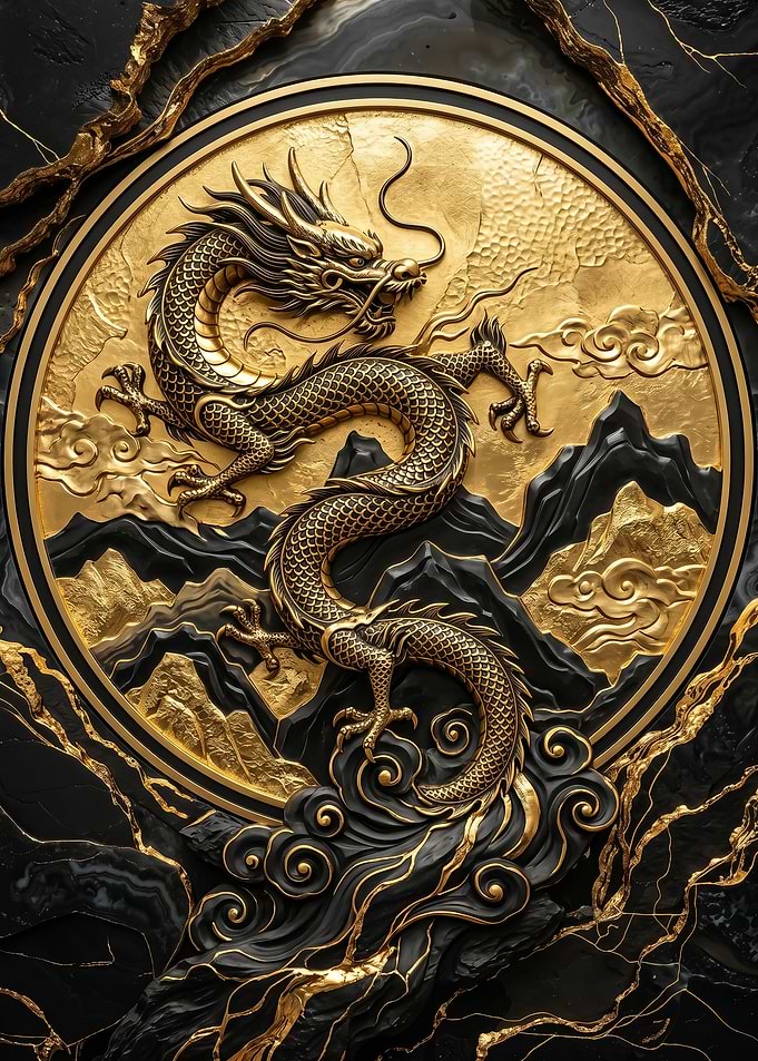 Golden Dragon on Black and Gold fantasy Background