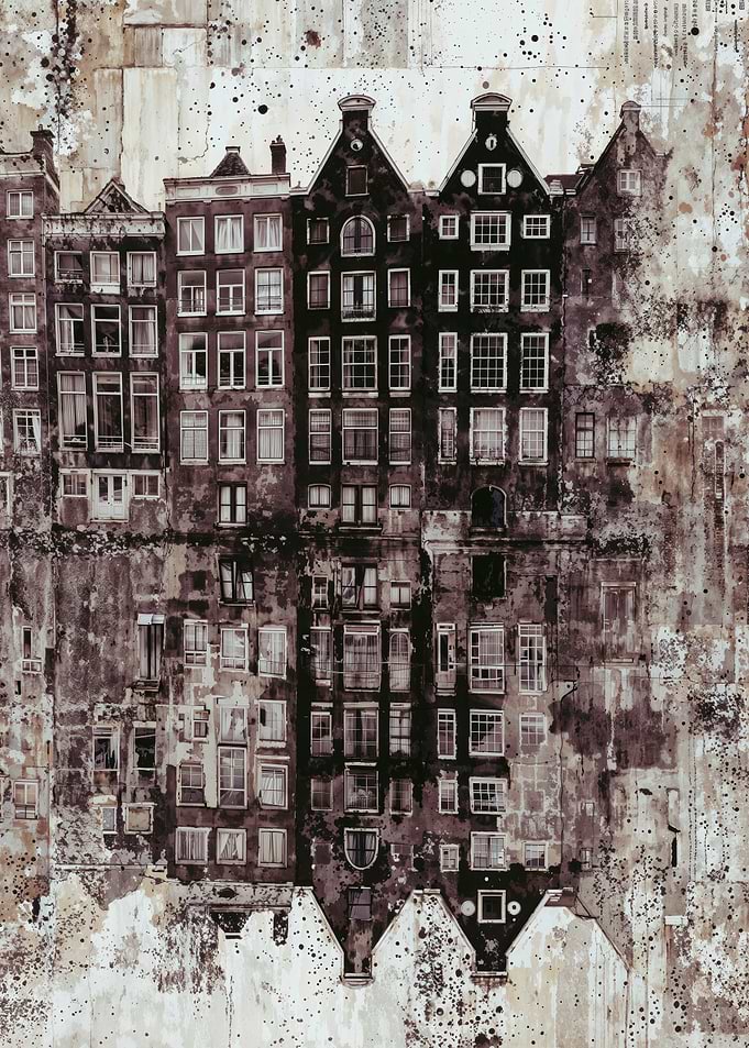 Amsterdam Houses Newspaper Collage Poster