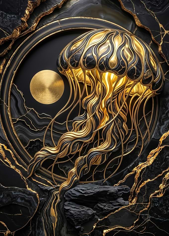 fantasy Golden Jellyfish on Black Marble